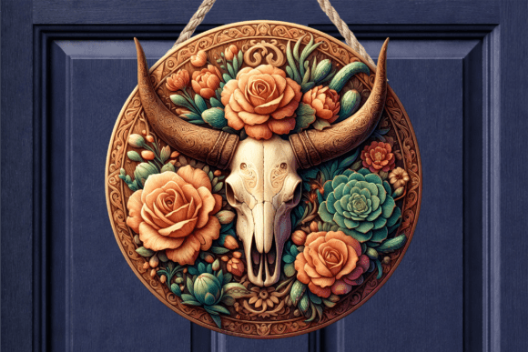 Boho Bull Skull Peach Floral Door Sign