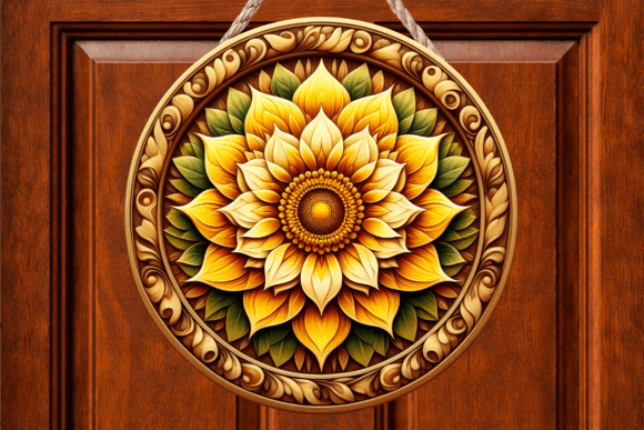 Carved Wood Sunflower Floral Door Sign