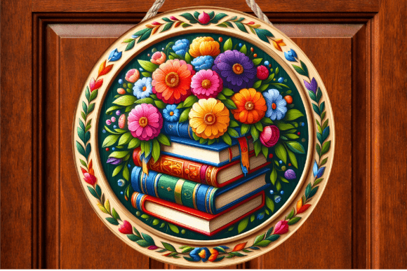 Colorful Floral Book Stack Door Sign
