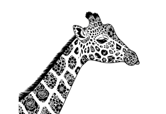 Floral Giraffe Head Black and White Art
