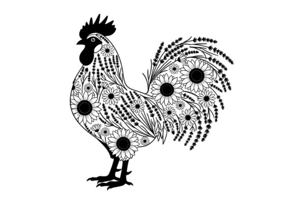 Floral Rooster Silhouette Vector Art