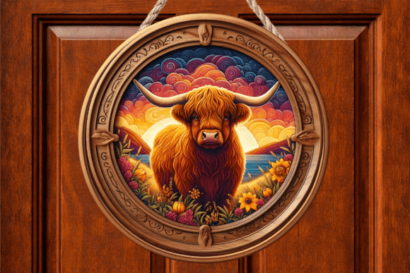 Highland Cow Sunset Floral Door Sign