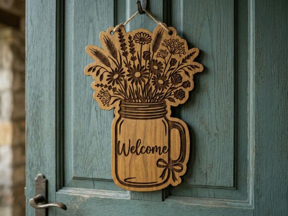 Laser Cut Floral Mason Jar Welcome Sign