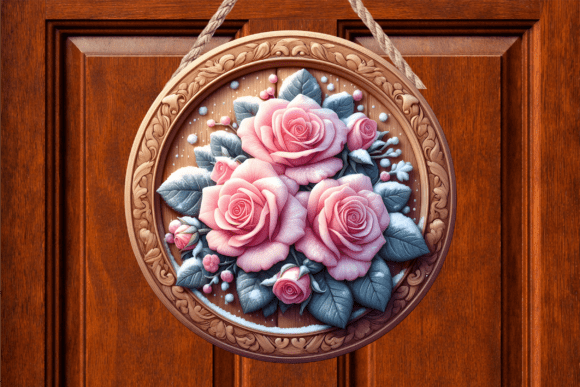 Pink Rose Floral Wooden Round Door Sign