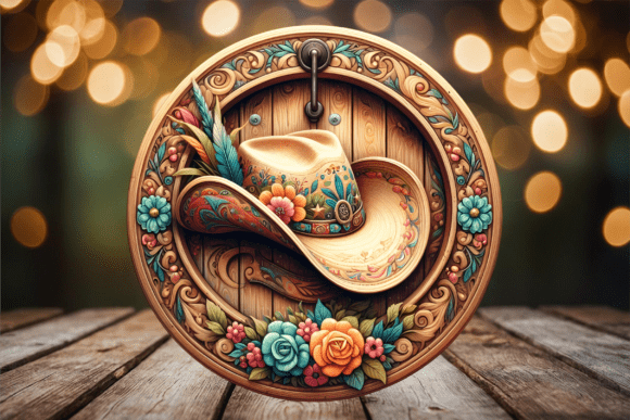 Rustic Round Floral Cowboy Hat Door Sign